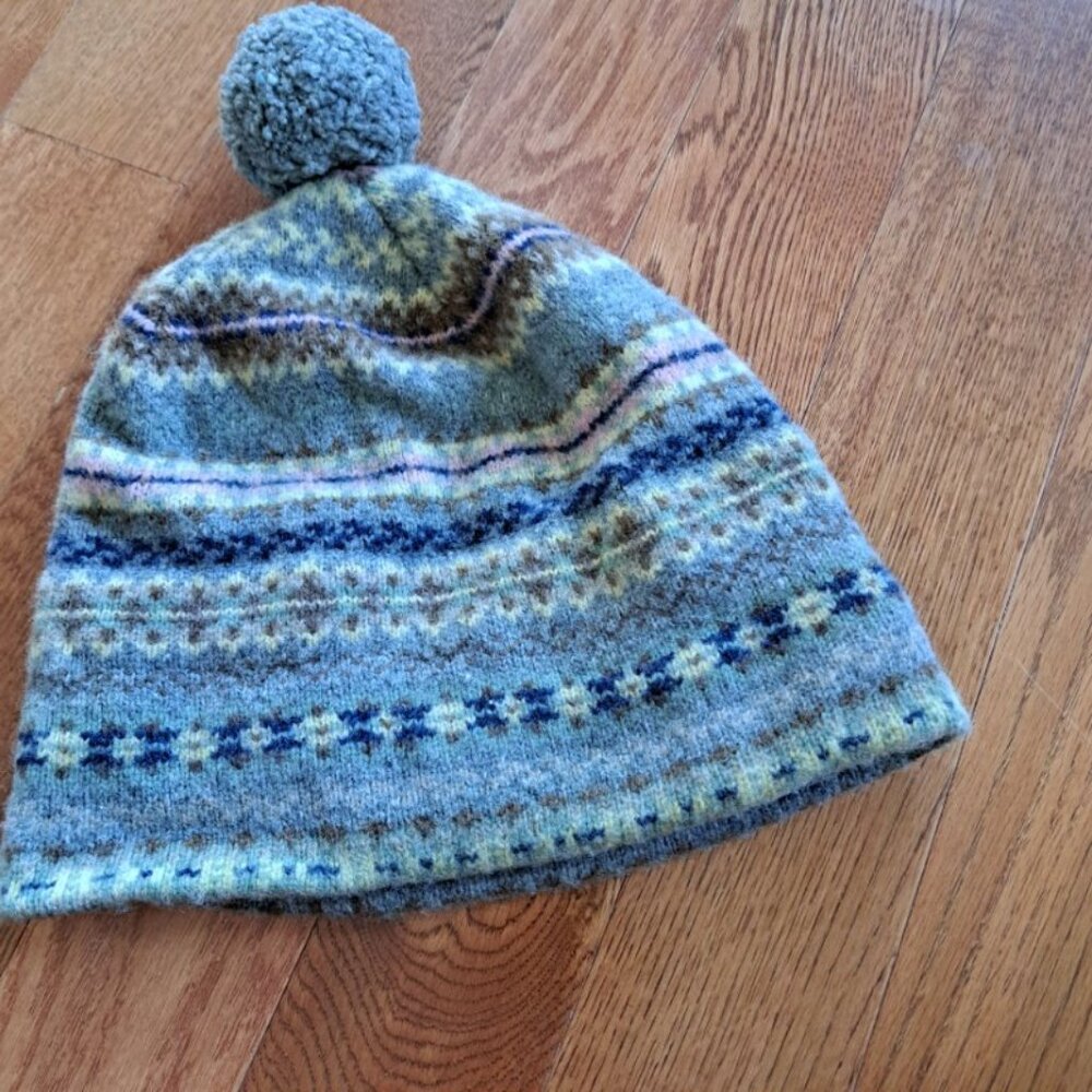 Ralph Lauren vintage 90s grey wool hat tuque fair isle grey pink lamb wool